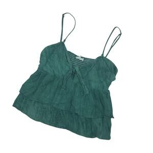 Womens Ruffled Top Sz S Strapy Front Tie Green Gypsy Boho Baby Doll Hippie Indie